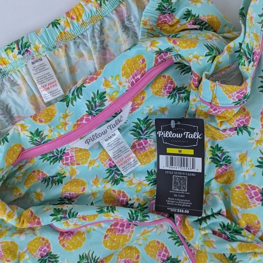 Pillow Talk Tropical Pineapple Print PJ Set Short Sleeve Top Pants Aqua M NWT - Picture 4 of 12